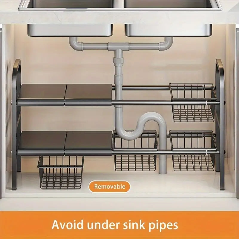 Expandable Under-Sink Organizer Rack with Adjustable Shelves & Baskets