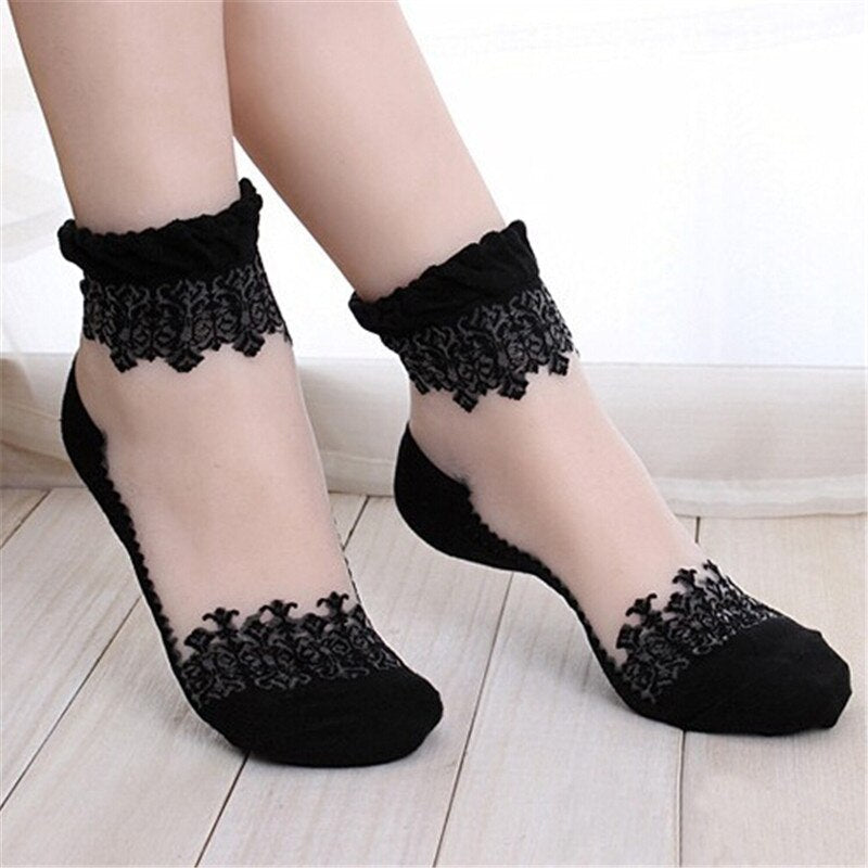 Ultrathin Transparent Crystal Lace Elastic Short Socks for Women
