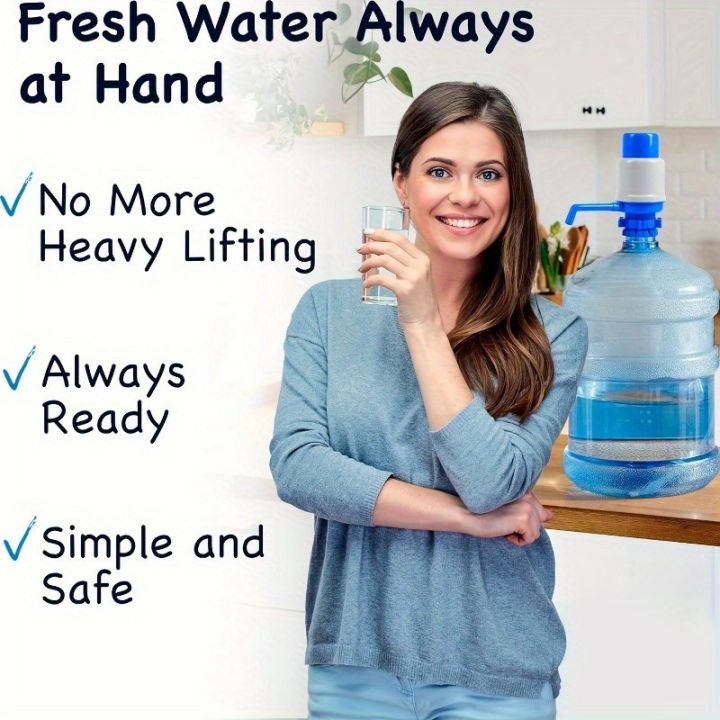 Woman holding a glass of water next to a large water bottle with text about fresh water availability.