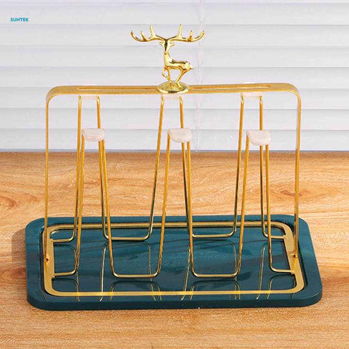 Golden Metal Glass Drying Rack with Drain Tray