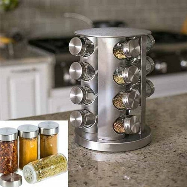 16-Piece Rotating Stainless Steel Spice Rack | 360° Masala Jar Organizer with Glass Jars
