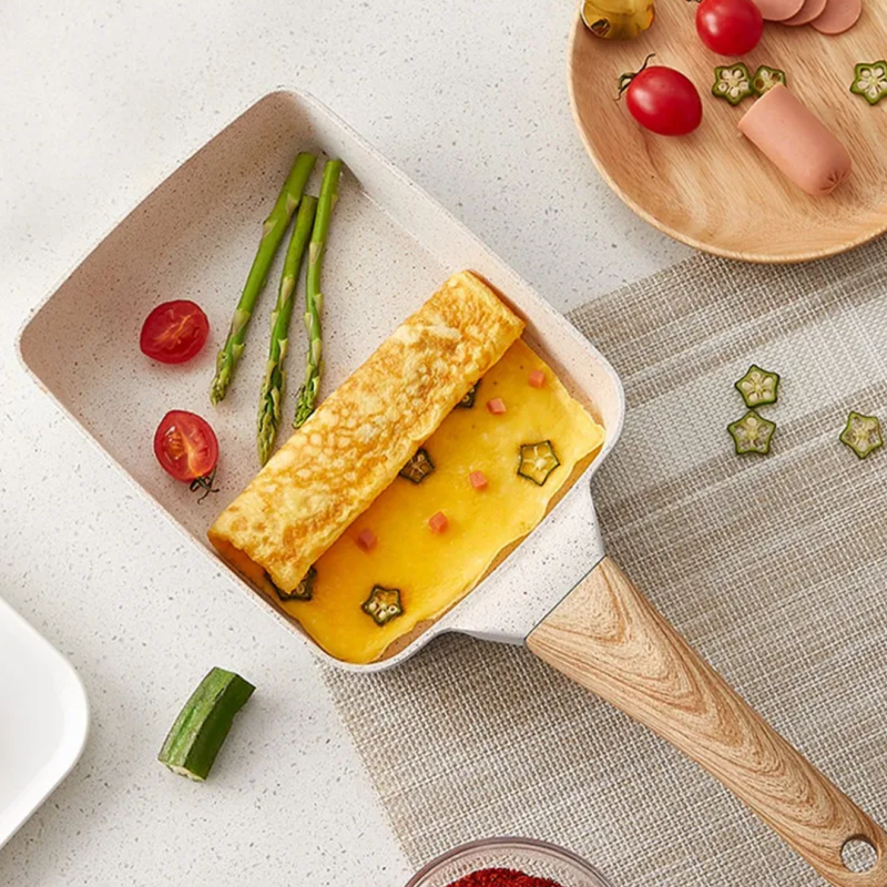 Square Non-Stick Ceramic Frying Pan – Wooden Handle