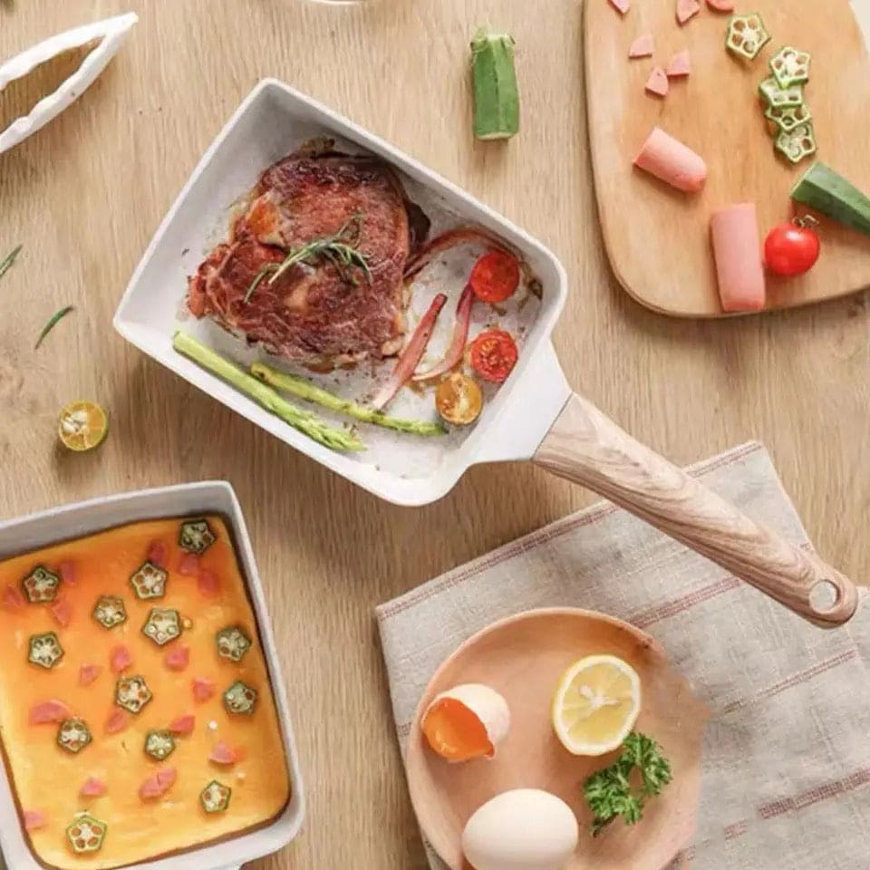 Square Non-Stick Ceramic Frying Pan – Wooden Handle