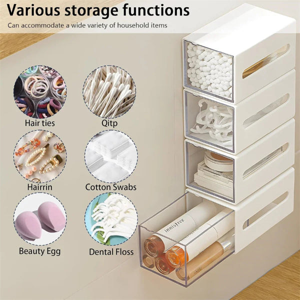 White storage organizer with clear drawers containing various household items on a beige background.