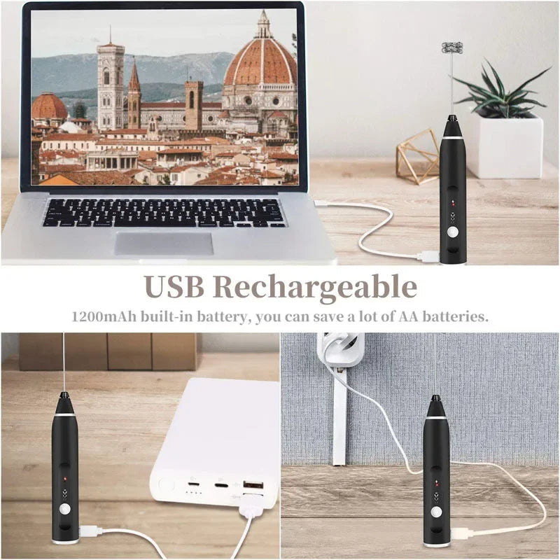 Electric Milk Frother Handheld USB Rechargeable Coffee Mixer