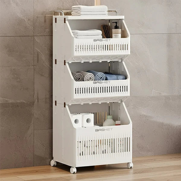 White three-tier storage cart with shelves against a tiled wall.