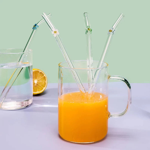 Reusable Glass Straws with Floral Design ( 1pc )