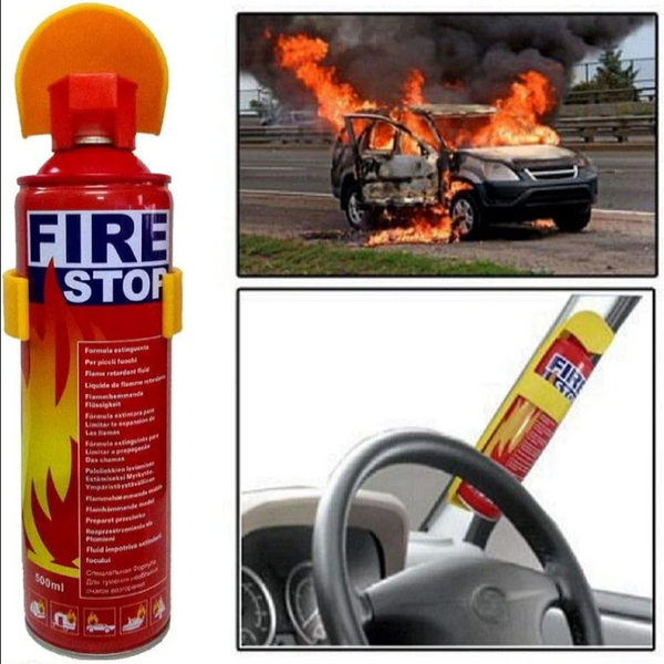 Fire extinguisher labeled 'Fire Stop' with images of a burning car and a car interior.