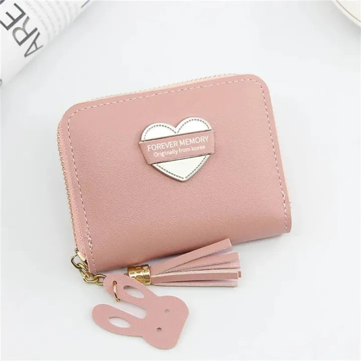 Ladies Mini PU Leather Wallet Zipper Purse with Card Holder & Tassel