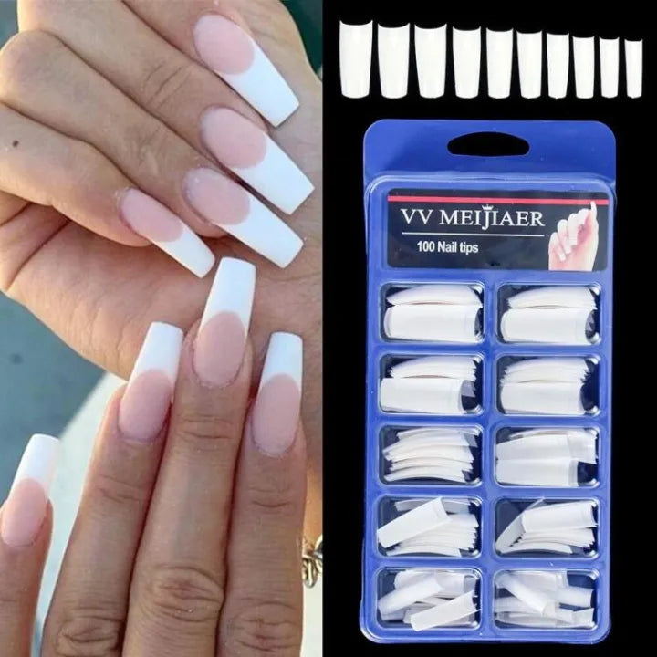 100Pcs Square Shape Natural Color Artificial Acrylic False Nails Kit