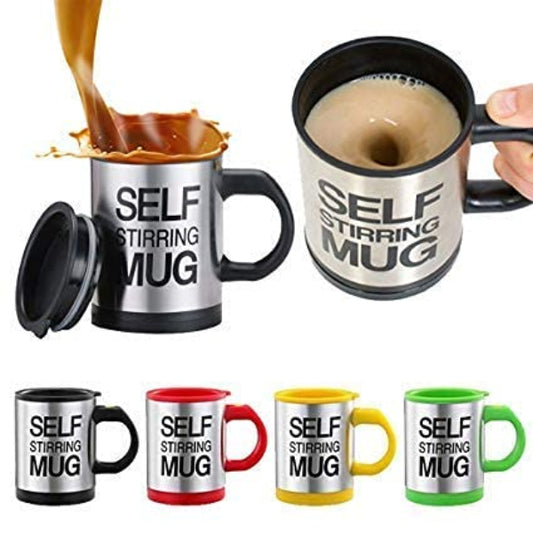 Set of self-stirring mugs in various colors with one being used to stir coffee.