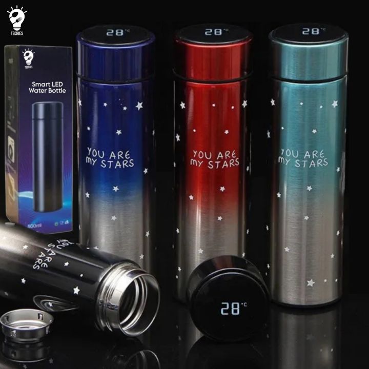Smart LED water bottles with 'You are my stars' text on a dark background