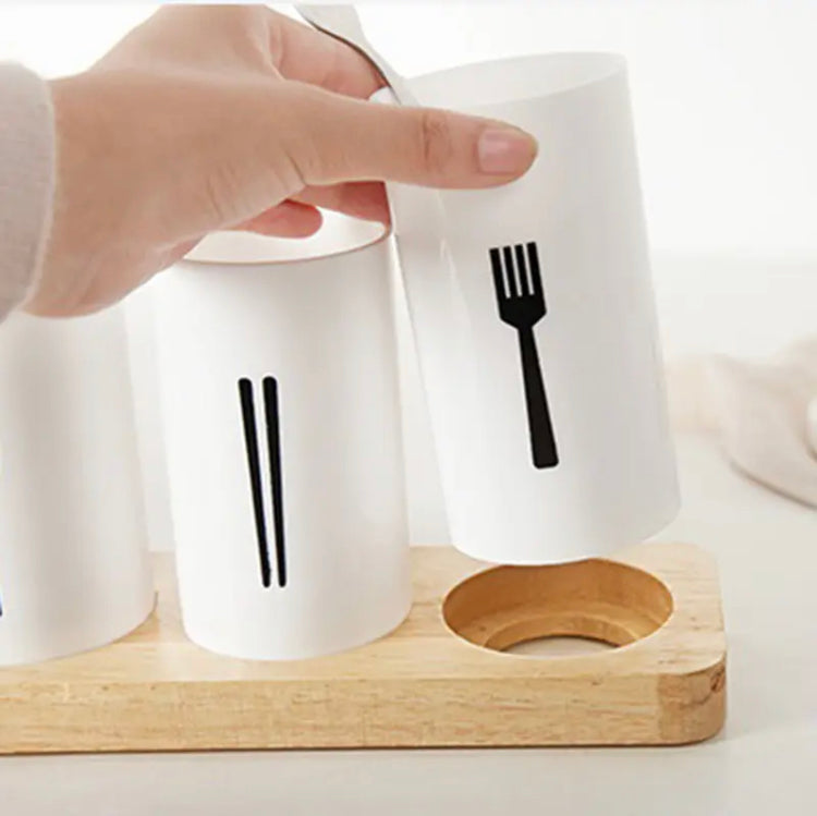 3-Grid Cutlery Holder with Wooden Stand Organizer