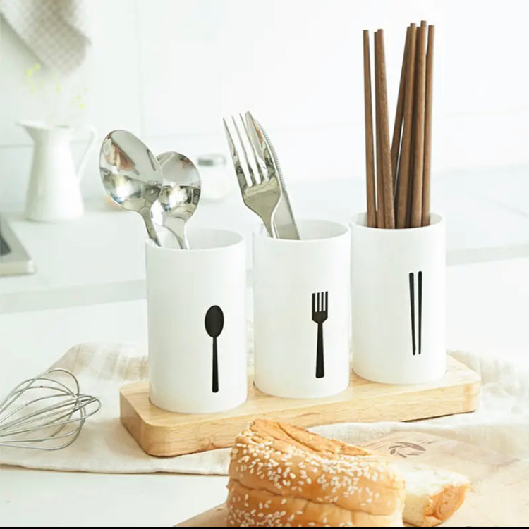 3-Grid Cutlery Holder with Wooden Stand Organizer