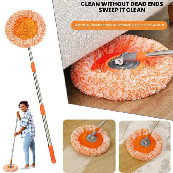 Cleaning tool with orange pad and telescopic handle, used on a wooden floor.