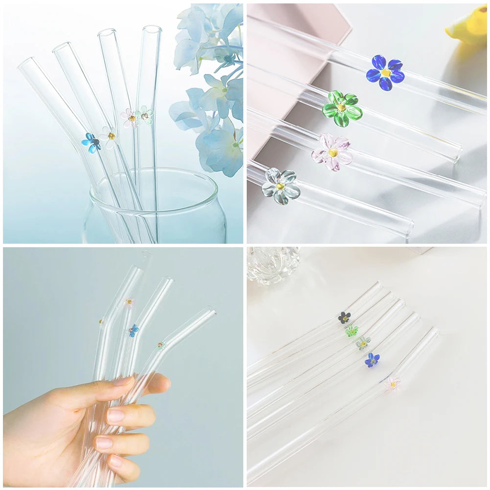 Reusable Glass Straws with Floral Design ( 1pc )