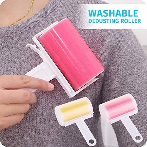Washable dusting roller with pink roller and white handle, held by a person.
