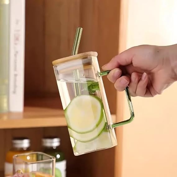 Glass Tumbler with Wooden Lid and Straw