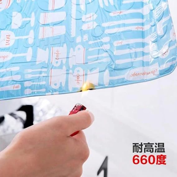 Hand holding a lighter approaching a blue and white patterned material with text on it.