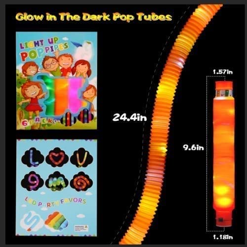 Light Up Pop Tubes Sensory Fidget Toys for Kids – 6 Pack