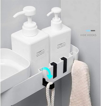 Rotatable Adhesive Bathroom Shower Shelf with Hooks