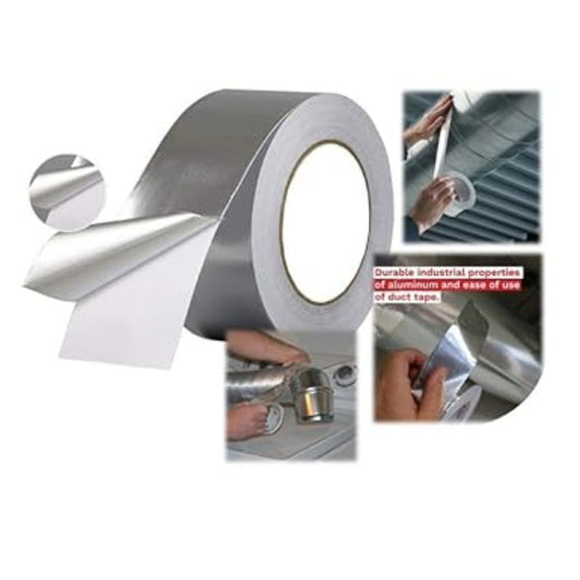 Roll of silver duct tape with images showing its use on a white background