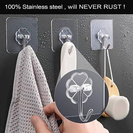 Stainless steel hooks on a wet wall with text '100% Stainless steel, will NEVER RUST!'.