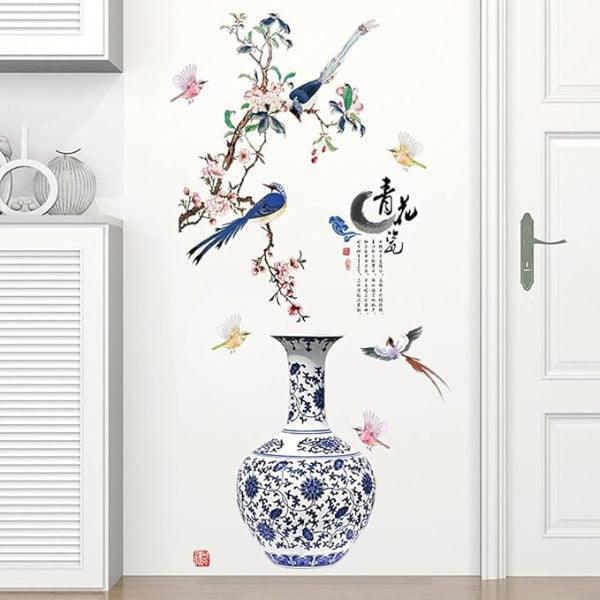 3D Blue Flower Vase Wall Sticker – Elegant Home Decor