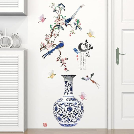 3D Blue Flower Vase Wall Sticker – Elegant Home Decor