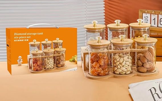6pcs Transparent Glass Jar Set with Wooden Stand