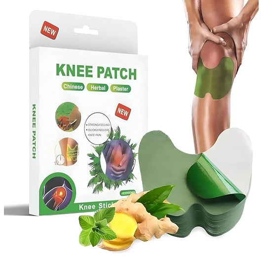 Knee patch packaging with a person applying the patch to their knee.