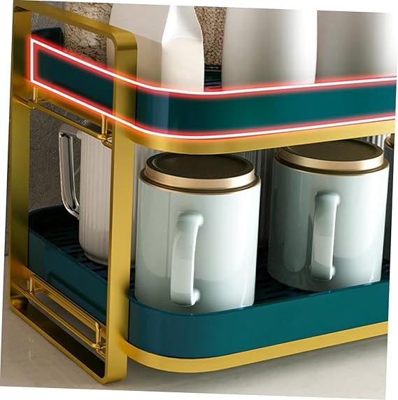 Set of mugs with gold lids in a decorative stand with a blurred background