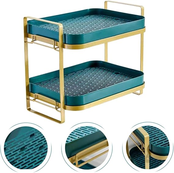 Two-tiered tray with teal trays and gold metal frame on a white background