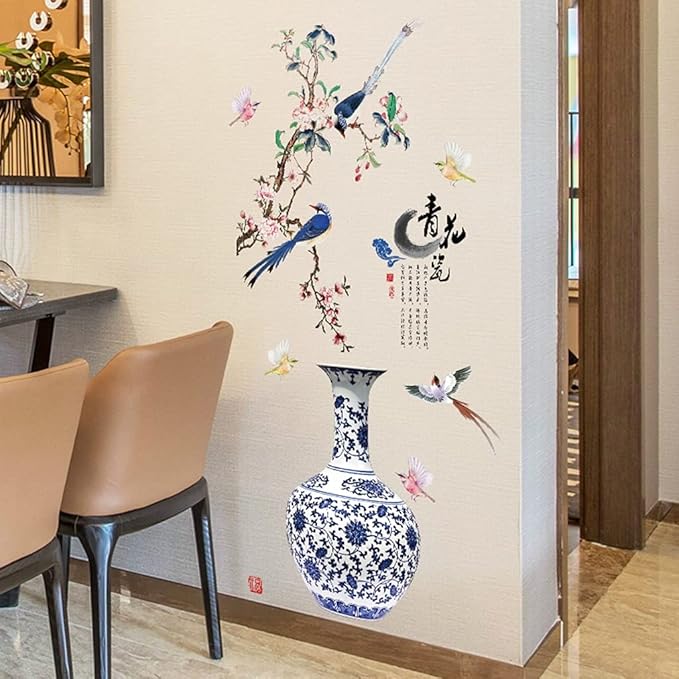 3D Blue Flower Vase Wall Sticker – Elegant Home Decor