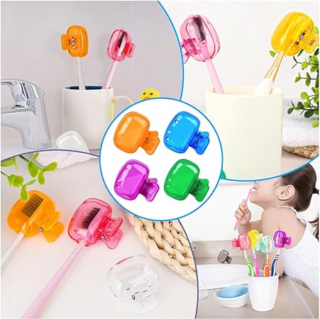 Colorful toothbrush holders with a woman brushing her teeth in a bathroom setting.