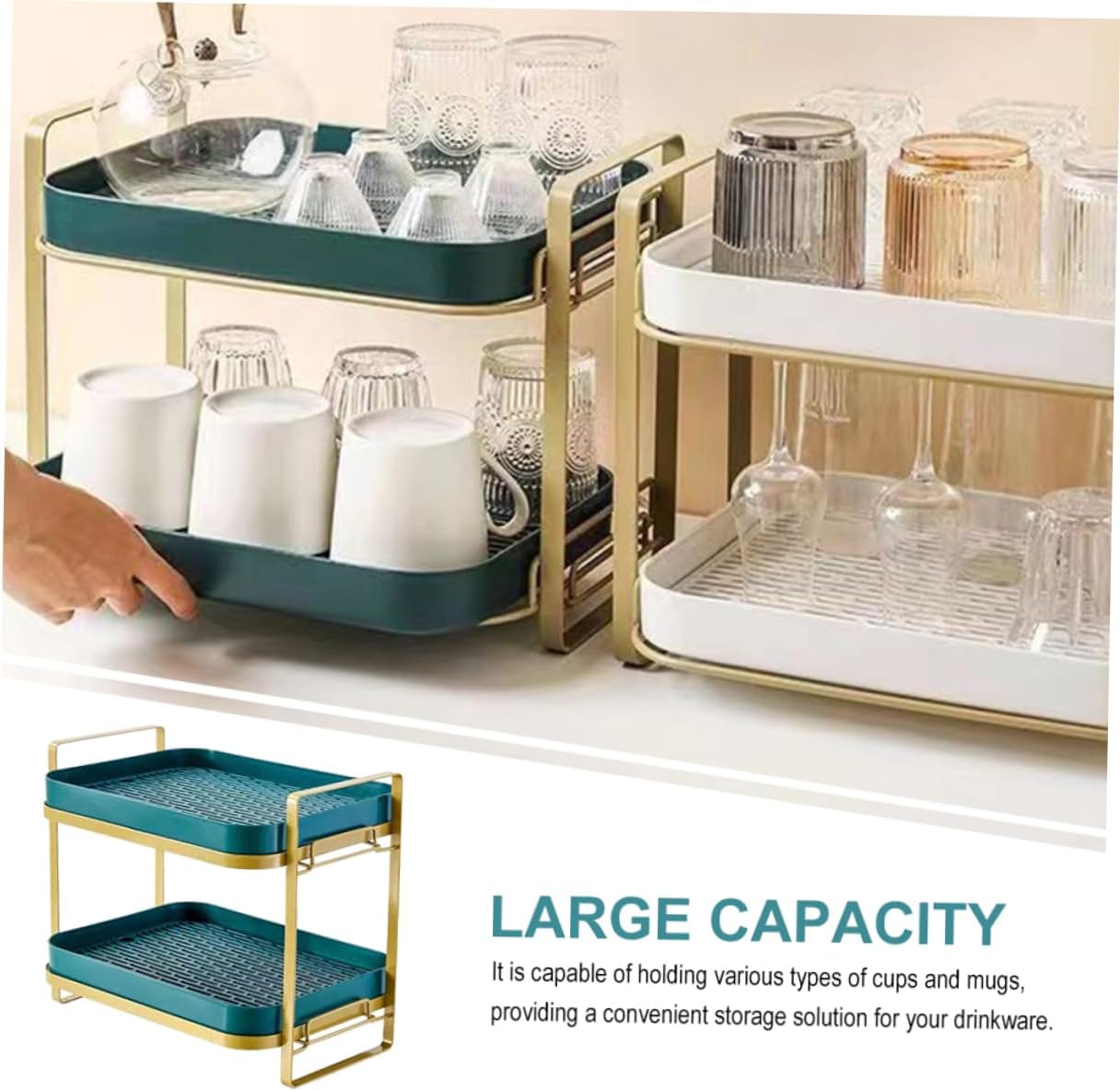 Two kitchen storage shelves with cups and mugs, highlighting large capacity.