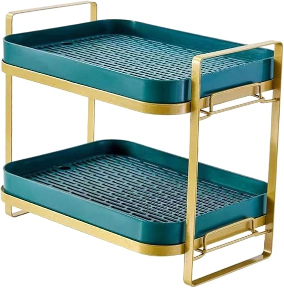 Two-tiered tray with teal trays and gold metal frames on a white background