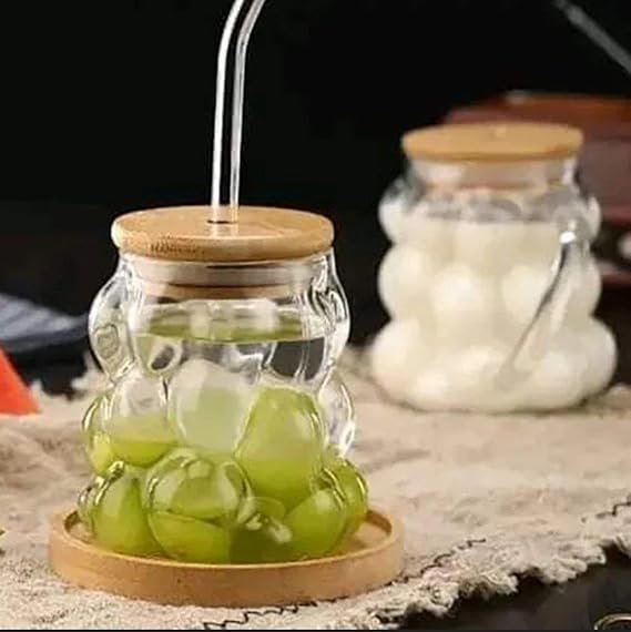 350ml Glass Tumbler with Straw and Wooden Lid