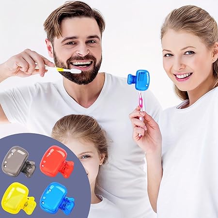 Family of three with toothbrushes and colorful attachments on a white background