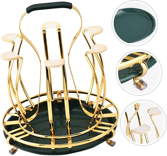 Gold dish drying rack with close-up insets on a white background