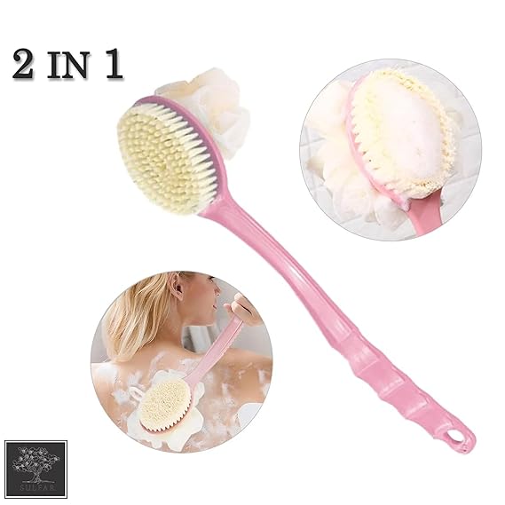 2-in-1 Long Handle Bath Brush & Loofah Scrubber
