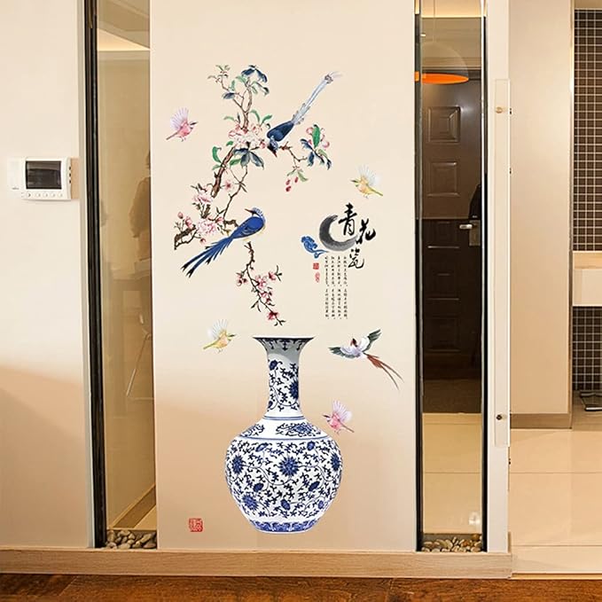 3D Blue Flower Vase Wall Sticker – Elegant Home Decor