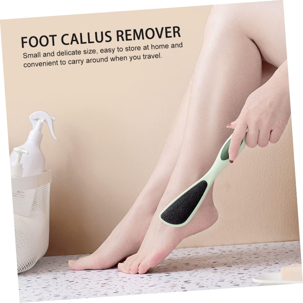 Foot callus remover with a person using it on their foot, against a beige background.