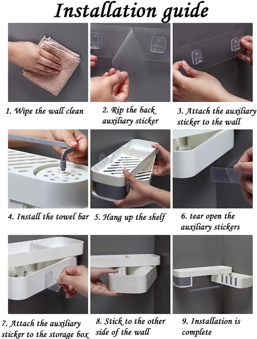 Rotatable Adhesive Bathroom Shower Shelf with Hooks