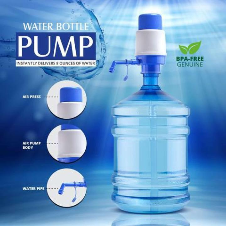 Water bottle pump with a blue water bottle on a blue background