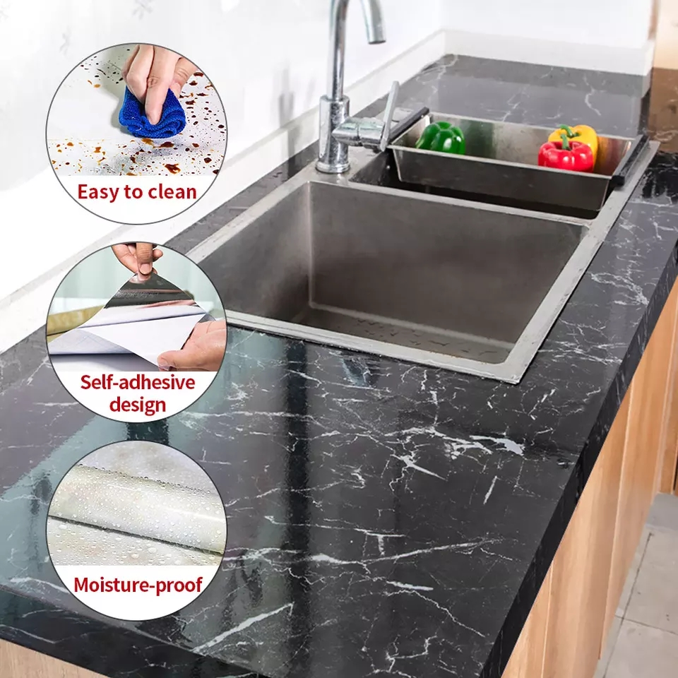 Black Marble Self Adhesive Waterproof Kitchen Wallpaper 60x200cm