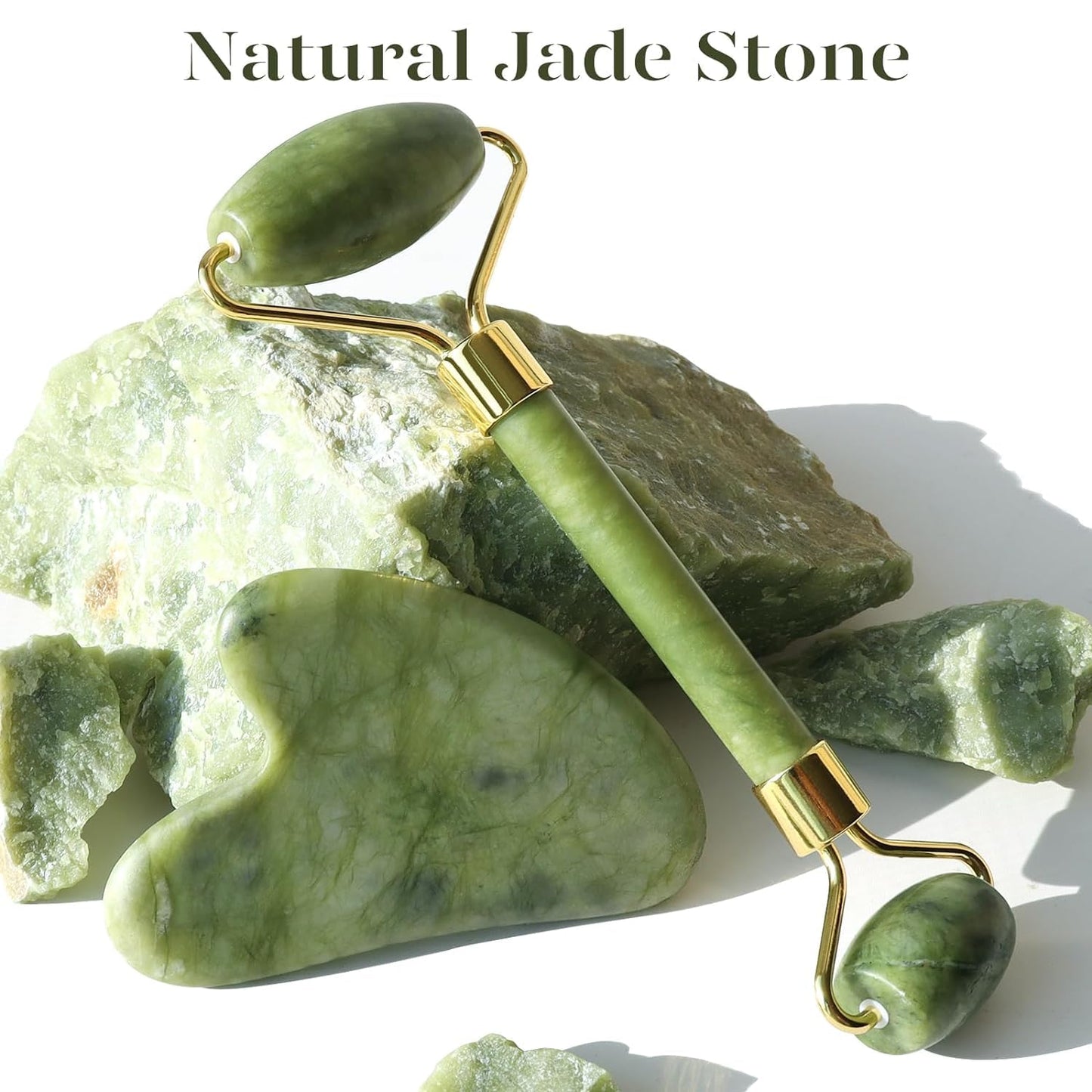 Green jade roller and gua sha tool on a white background with 'Natural Jade Stone' text.