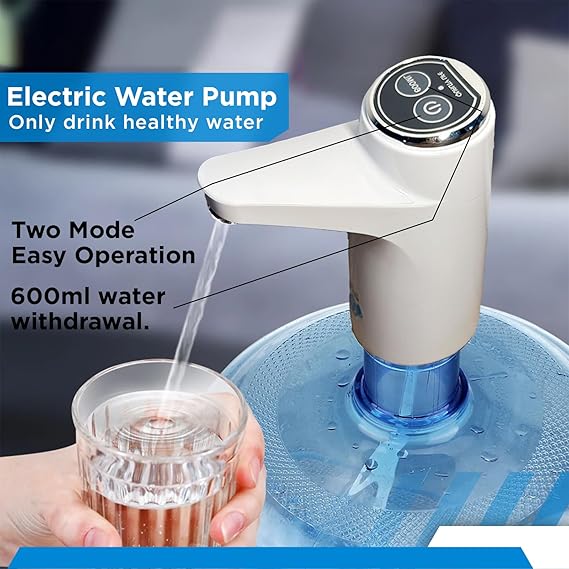 Electric water pump dispensing water into a glass with text highlighting features.