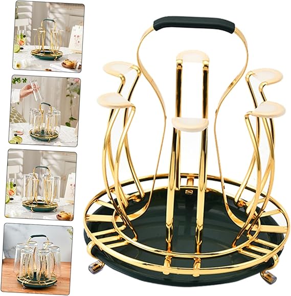 Golden Glass Stand – 6 Mug Drying Rack Organizer