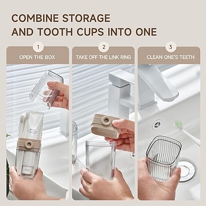 Step-by-step guide on using a dual-purpose storage and tooth cup with images of hands performing actions.